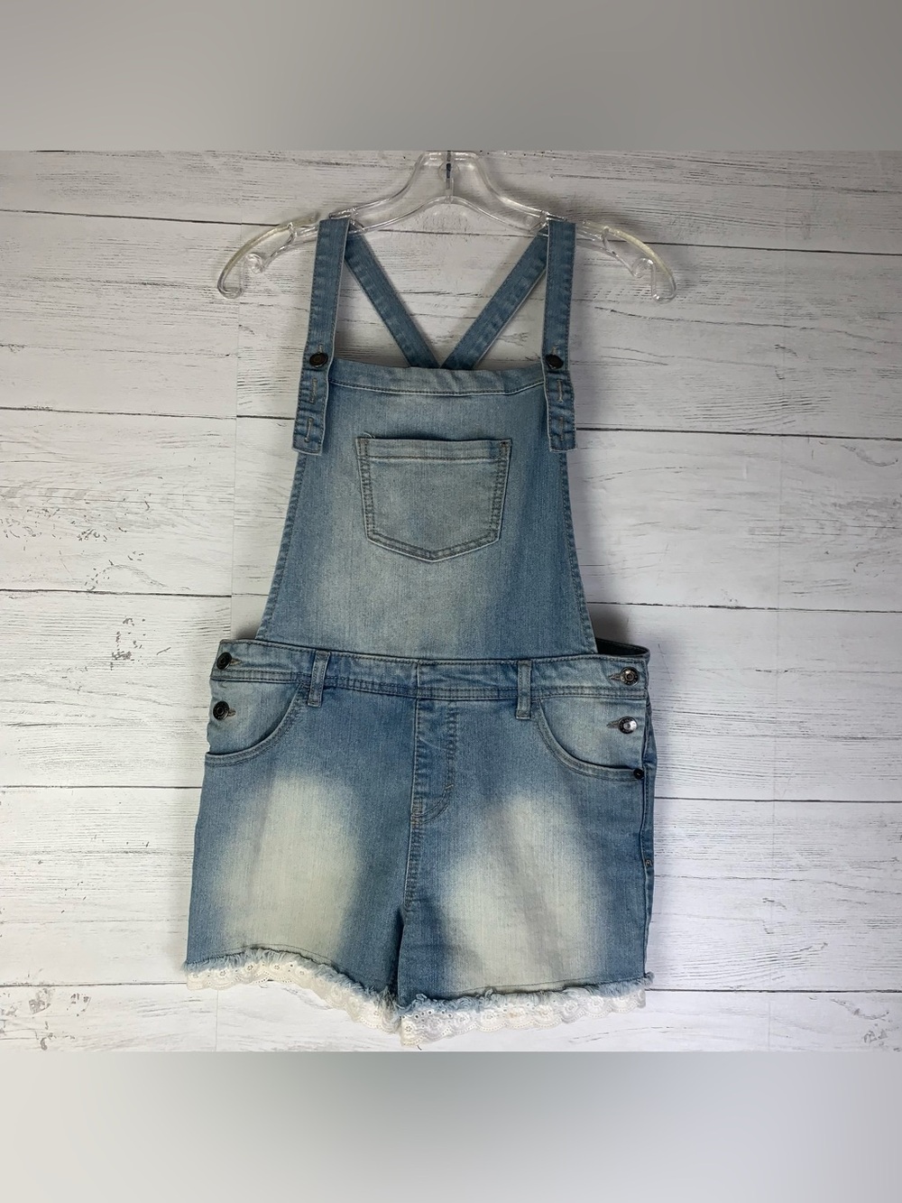 Cat & Jack Girl's Denim Blue Jean Bib Overall Shorts Youth Size XL 14 Eyelet